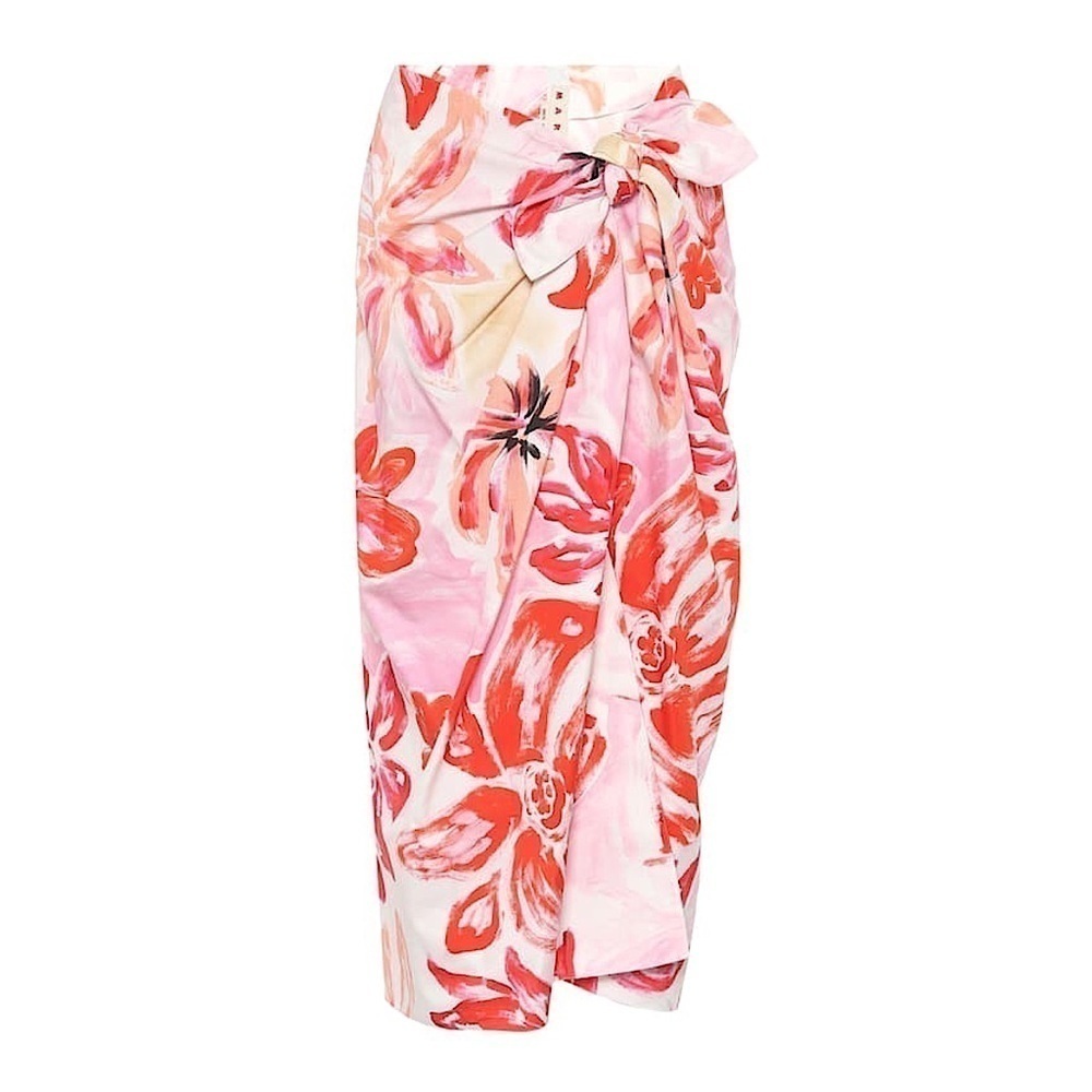 MARNI Pink Floral Poplin Cotton-Silk Blend Tropical Midi Sarong Wrap Skirt Sz 10 - Picture 7 of 10